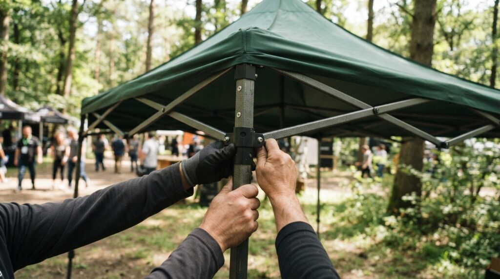 Close-up of a folding tent frame being assembled by professi