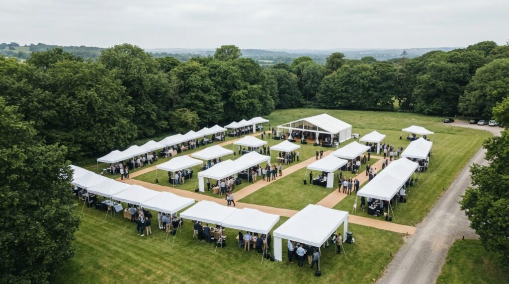 Wide aerial view of multiple professional pop-up canopies ar