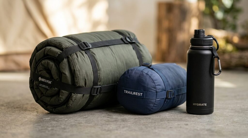 Close-up product shot of quality camping equipment including