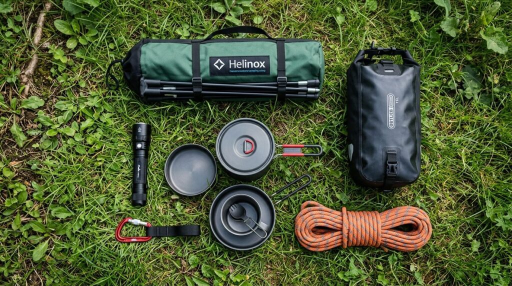 Overhead flat lay composition of camping essentials: camping