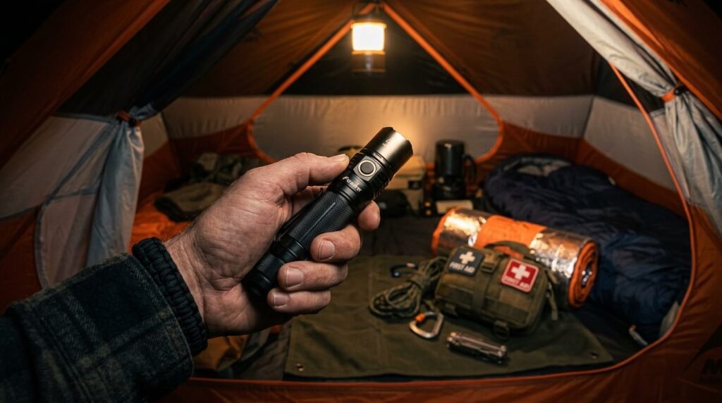 Realistic camping scene: persons hand holding a modern tact