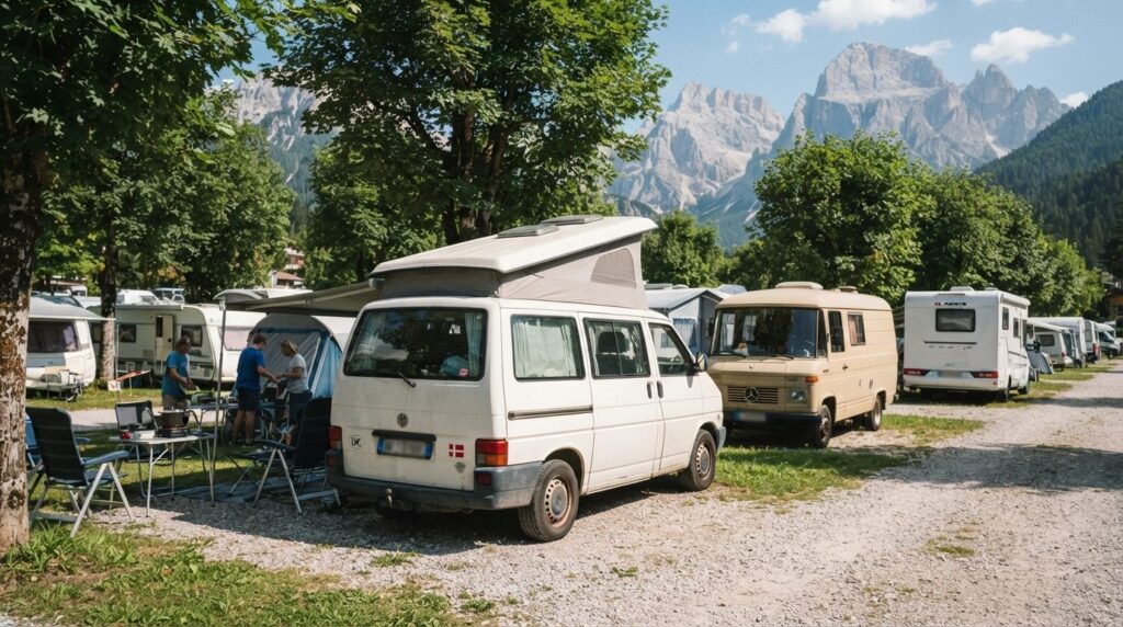 Wide angle stock photo of a Danish camper van at an internat
