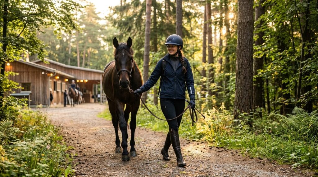 Active rider in modern technical equestrian outfit transitio