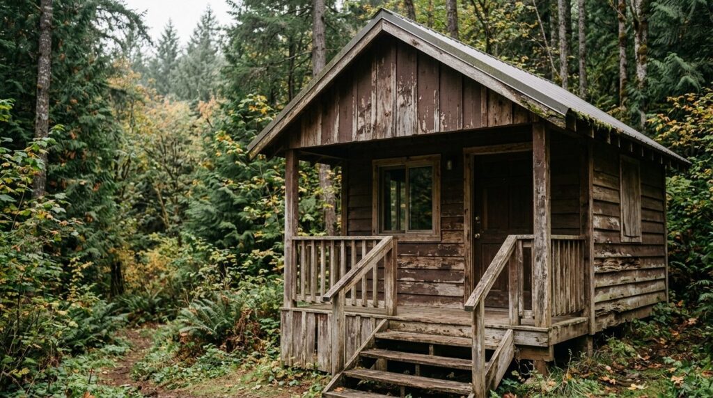 Realistic image of a camping wooden structure with visible s