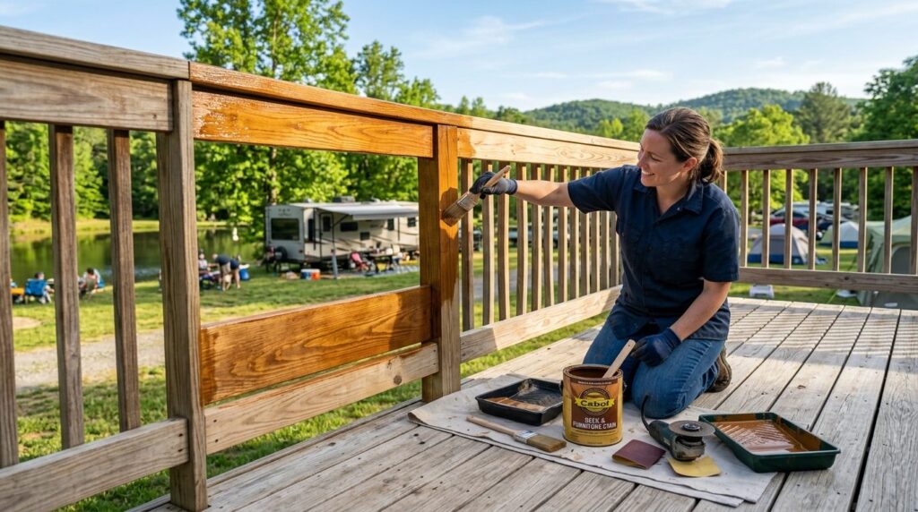 Stock photo of outdoor wood paint application on deck or fur