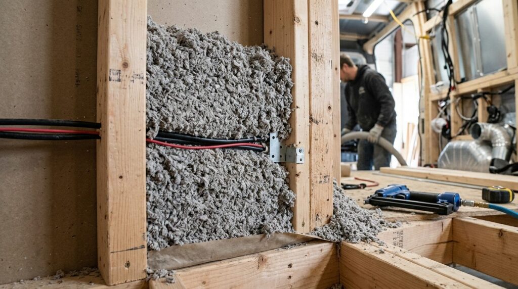 Close-up detail shot of blown-in cellulose paper insulation