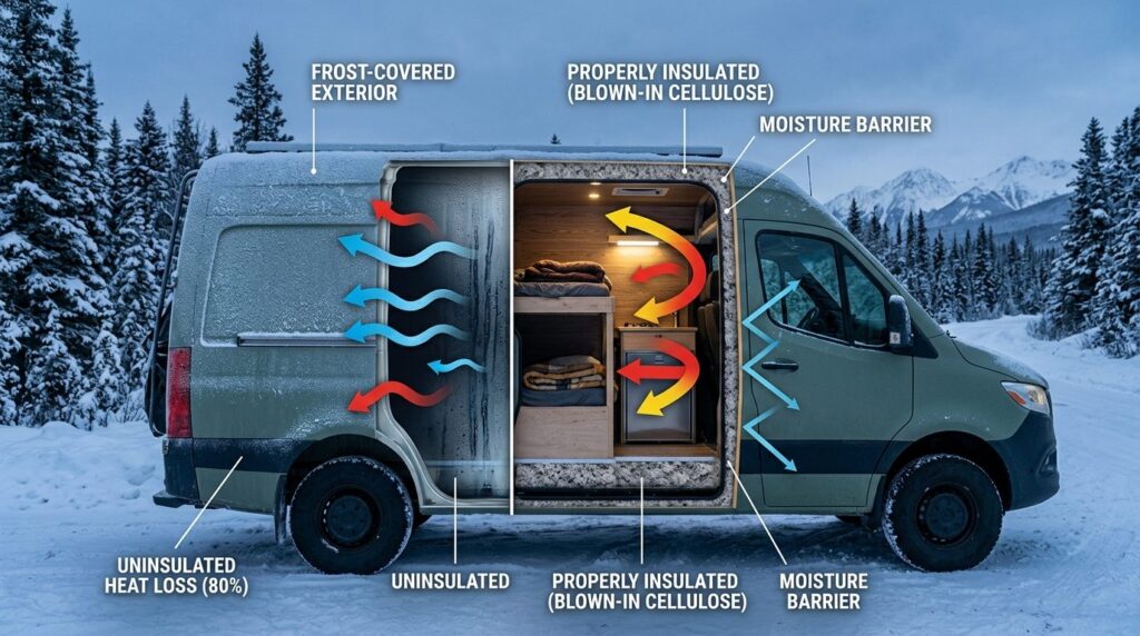 Winter camping scene with frost-covered camper van exterior,