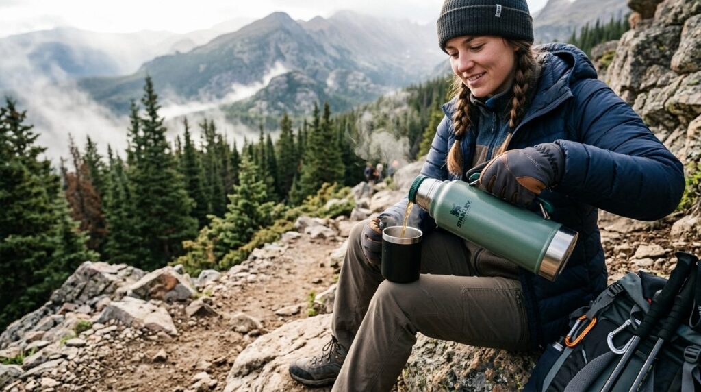 Action lifestyle photograph of a hiker using a Stanley leak-