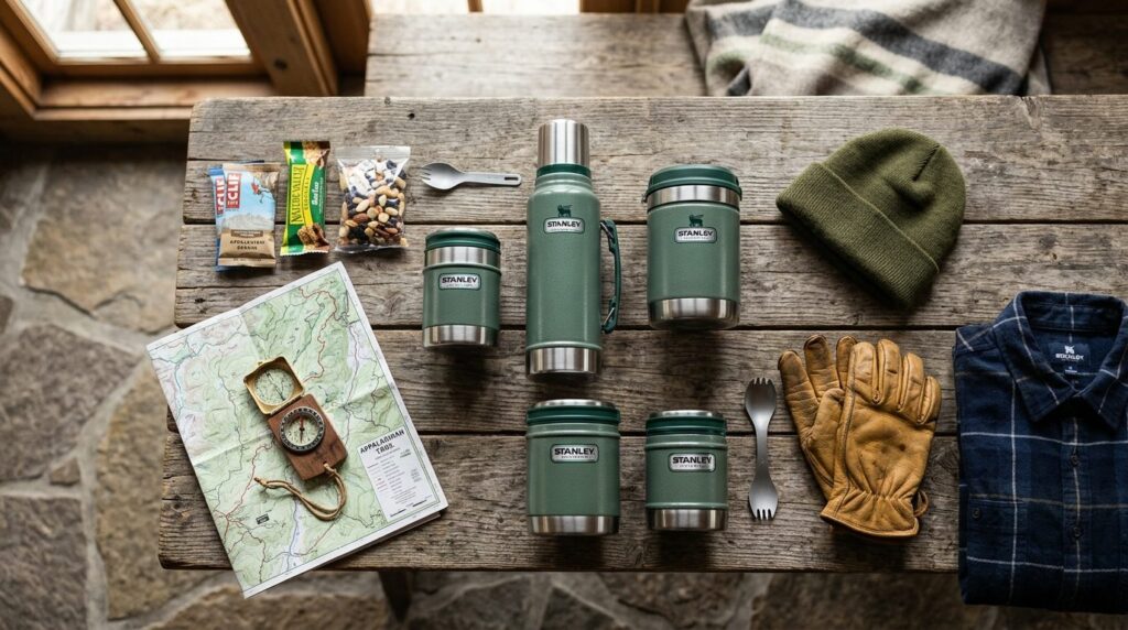 Flat lay overhead composition of Stanley food containers and