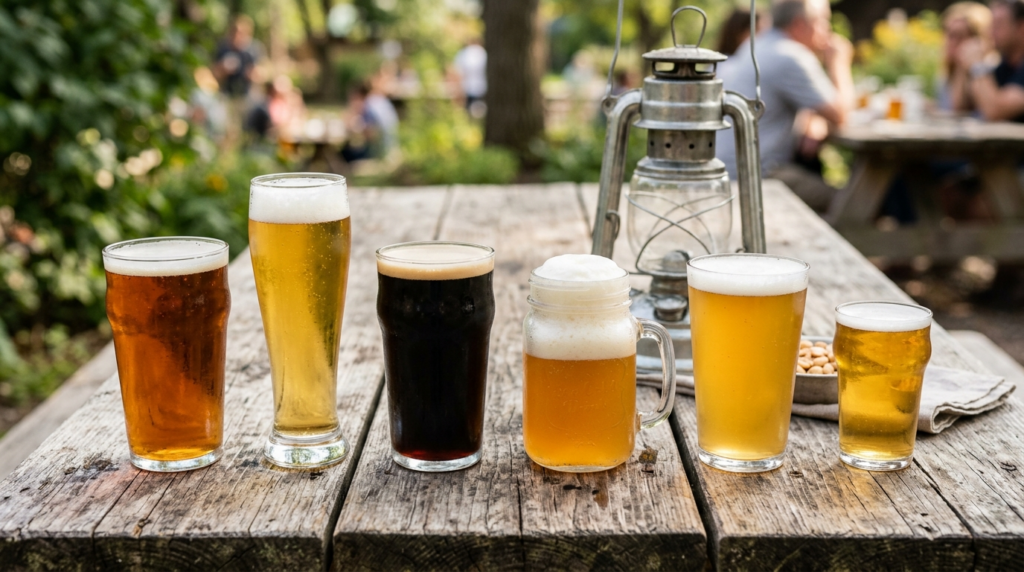 Close-up overhead shot of different beer glass types and siz