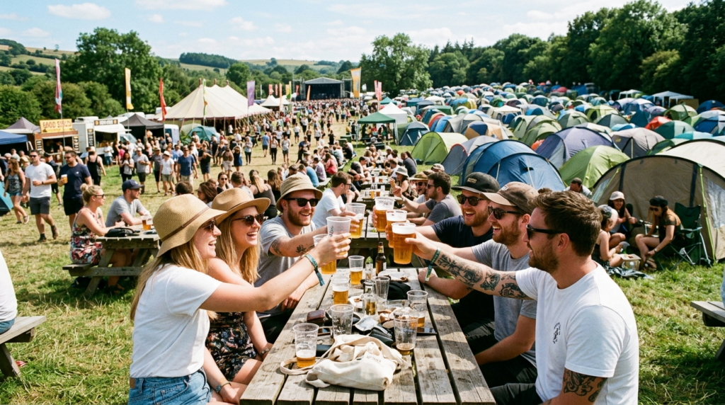 Large outdoor festival or camping party scene with multiple 