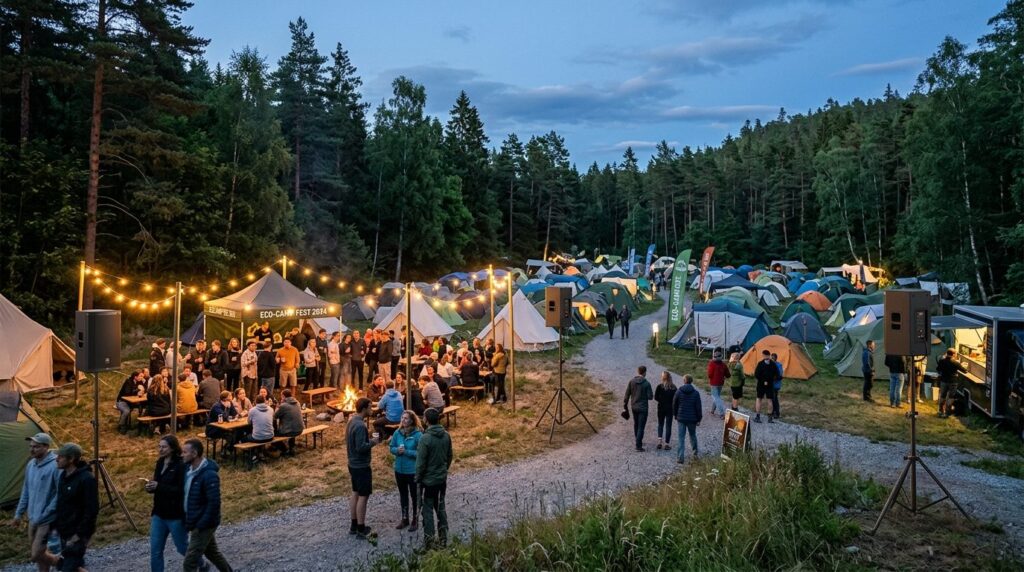Wide landscape shot of organized outdoor camping event with