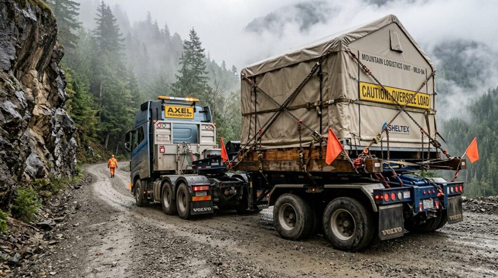 Close-up of heavy transport truck with specialized trailer n