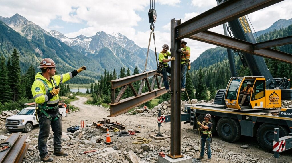Skilled crane crew coordinating the assembly of large steel 