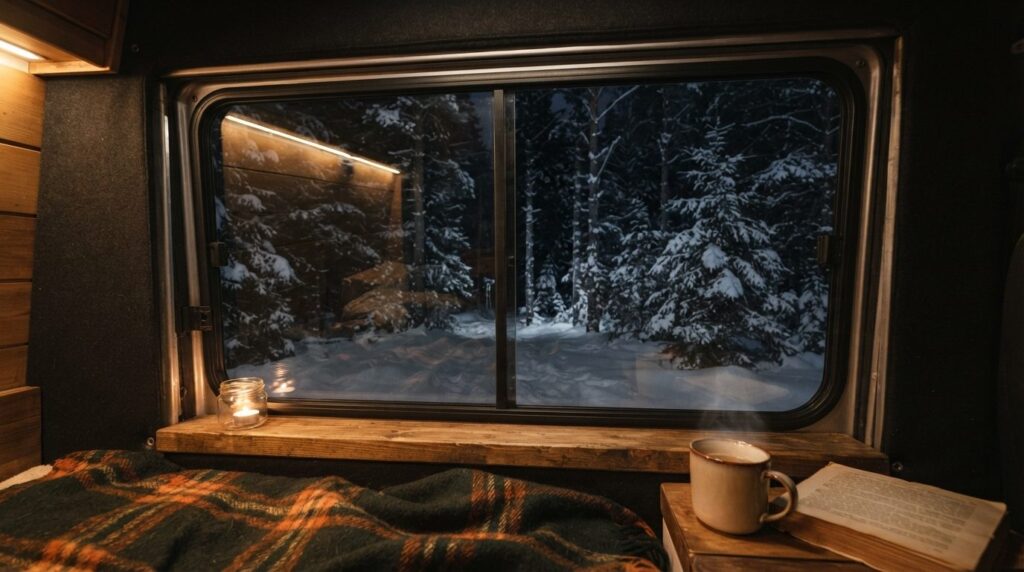Close-up stock photo of a campervan window in winter conditi