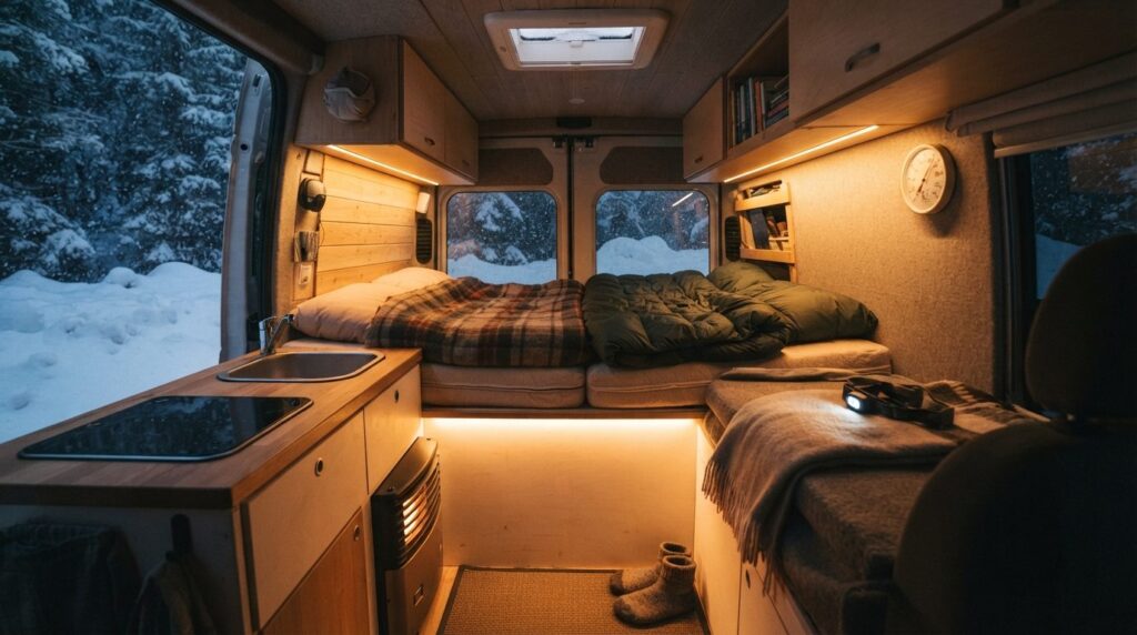 Wide angle interior shot of a camping van in winter showing 