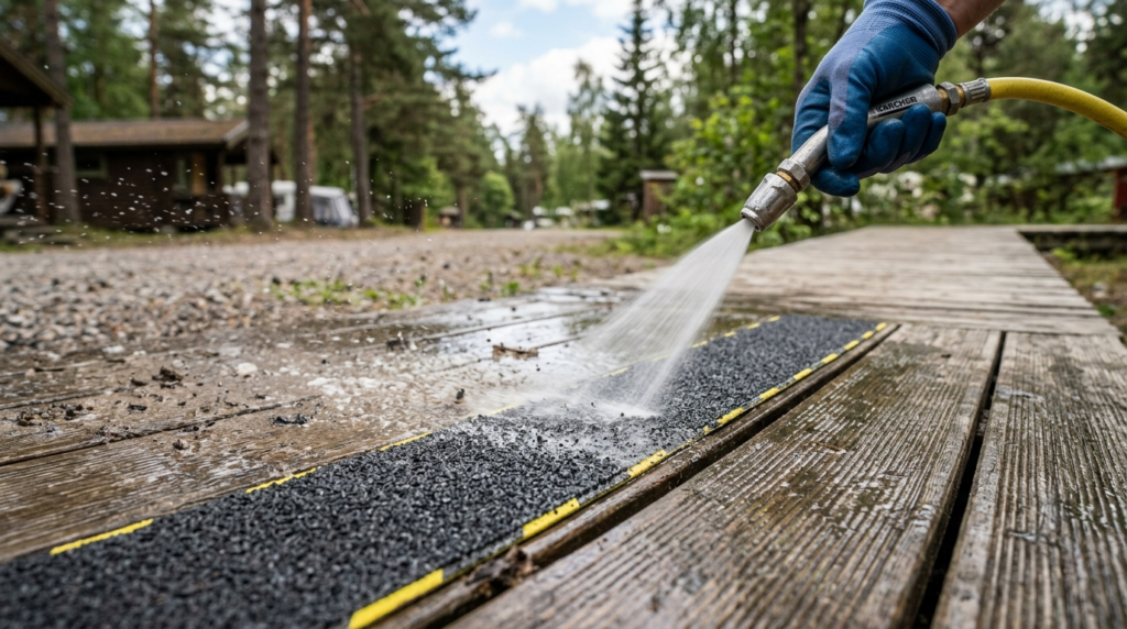 Detailed close-up of anti-slip tape on camping facility walk