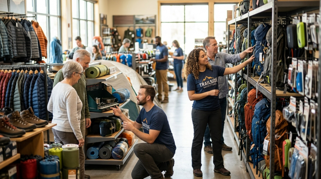 Outdoor retail or camping store employees wearing matching b
