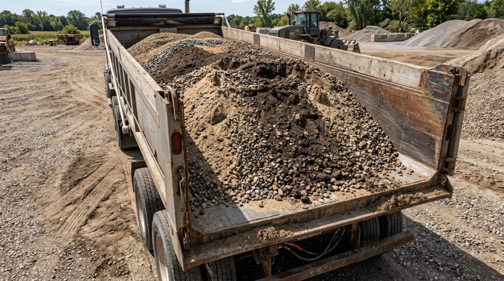 Close-up overhead view of a full trailer loaded with various